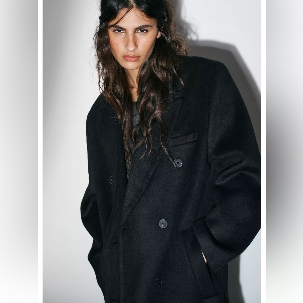 Zara Long wool blend Black Double-Breasted Coat - Picture 7 of 12